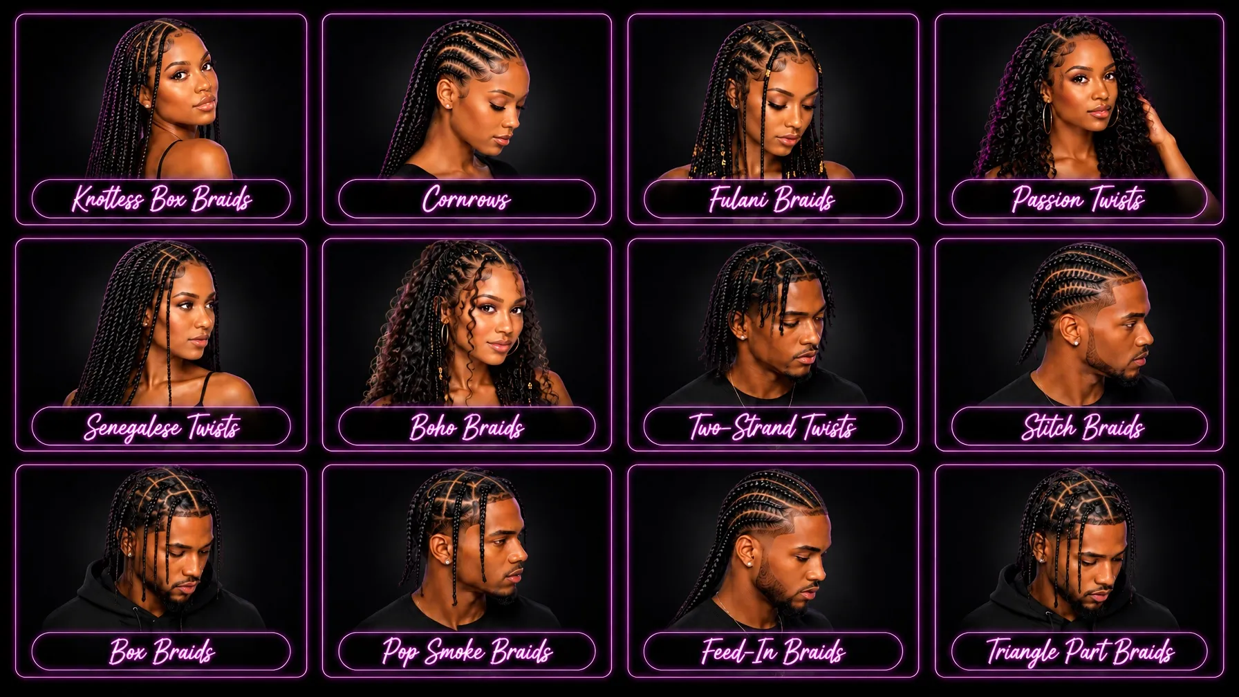Kymistry Hair style board showing labeled braid and twist hairstyles